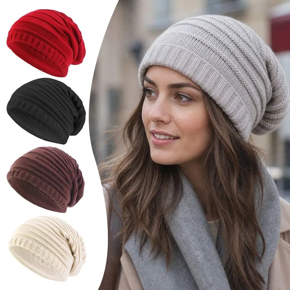 Gifts Solid Color Slouchy Beanie Stripe Knit Texture Lightweight Winter Head Wrap Knit Slouch Hat