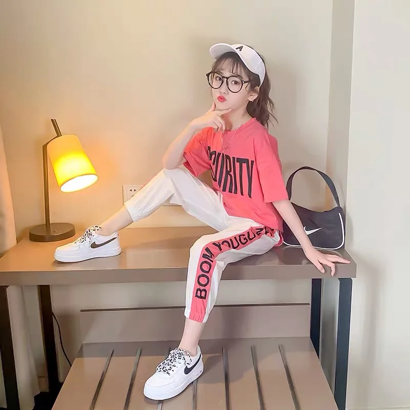 2024 Teen Girls Sport Suit letters short t-shirt + striped Pants Children Set Tracksuit Kids Leggings 5 8 12 9 14 Years Clothing