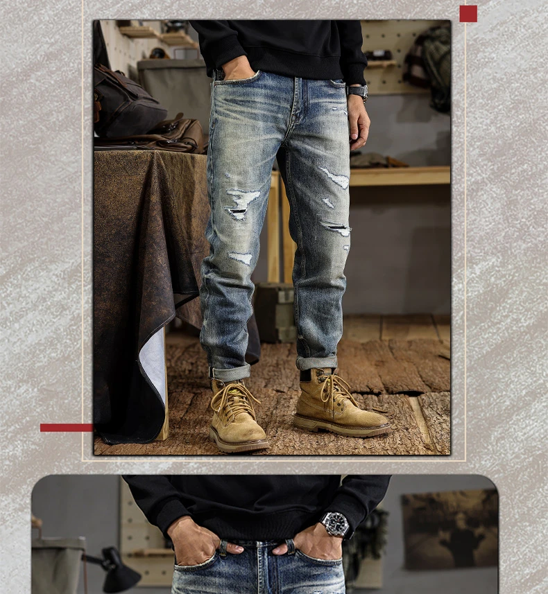 2025 SS Premium Selvedge Ripped Hole Denim Jeans for Men American Vintage High-Street Slim Straight Stretch Tapered Pants