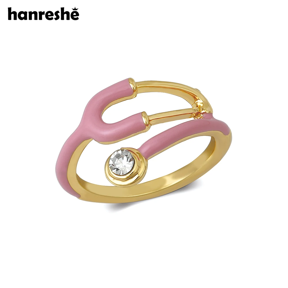 Anillo de estetoscopio de esmalte rosa de tamaño 7-9 Hanreshe con anillo médico de cristal, joyería para médico, enfermera, regalos para personal de medicina