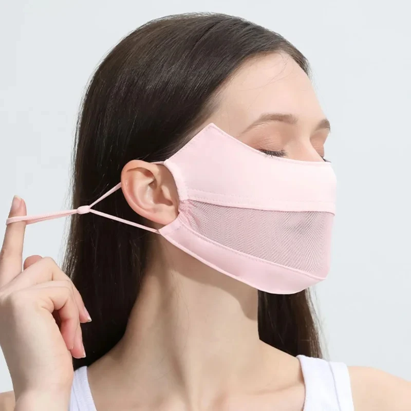 Women Ice Silk Mask Thin Breathable Mesh Face Cover Summer Outdoor Sunscreen Mask Adjustable Anti-UV Cycling Running Sport Mask