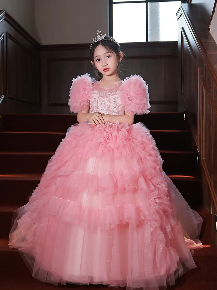 Pink European and American Style Children's Piano Performance Costumes Trailing Flower Girl Princess Dress Model Catwalk Dress G