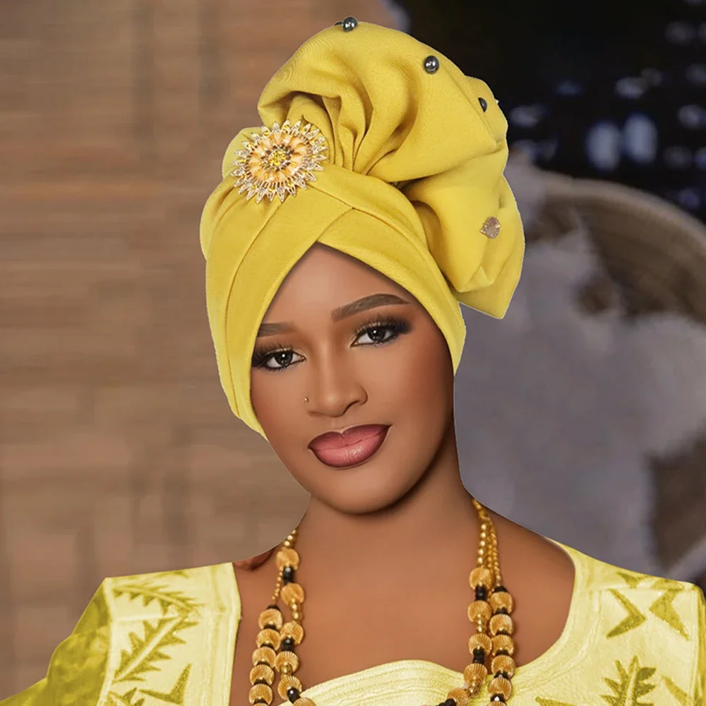 

African Diamonds Head Wrap Knoted Turban Cap for Women Nigeria Autogele Headtie Party Headwear Wedding Auto Gele Turbante Bonnet