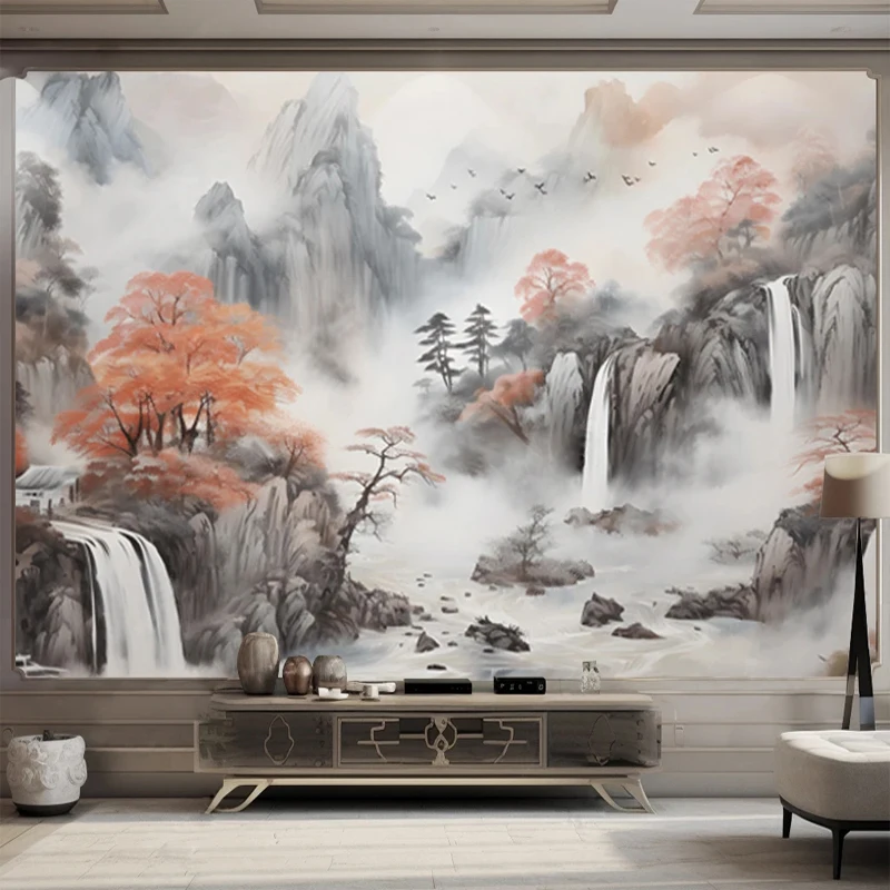 Custom Size Chinese Style Nature Landscape Mountain Waterfall Autumn Maple Trees Mural Wallpaper 3D Backdrop Wall Art Home Decor