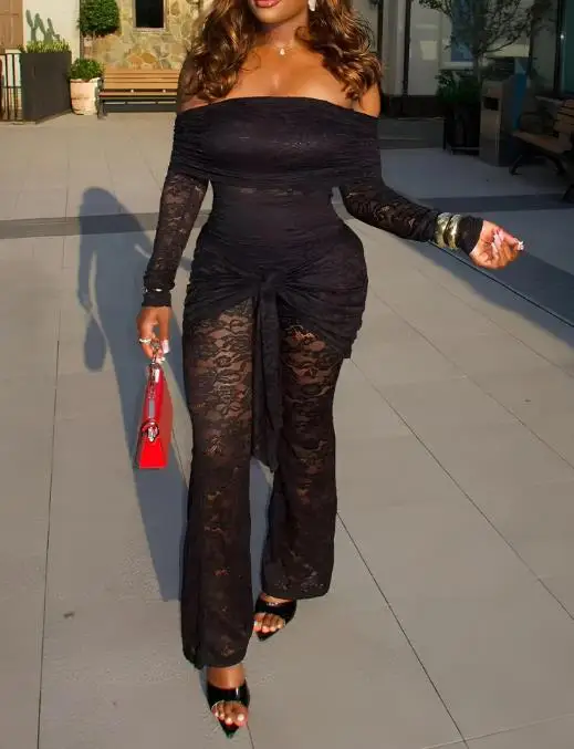 

2025 Autumn New Off Shoulder Long Sleeve Lace Detail Lace Work Clothes Sexy Ruffle Bellbottom Pants Women's Wear