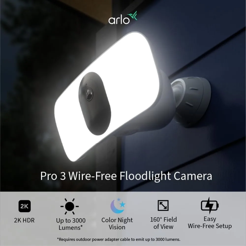 Arlo Pro 3 Floodlight Camera - Wireless Security Camera with LED Floodlight, Color Night Vision, Motion Sensor - White, FB1001