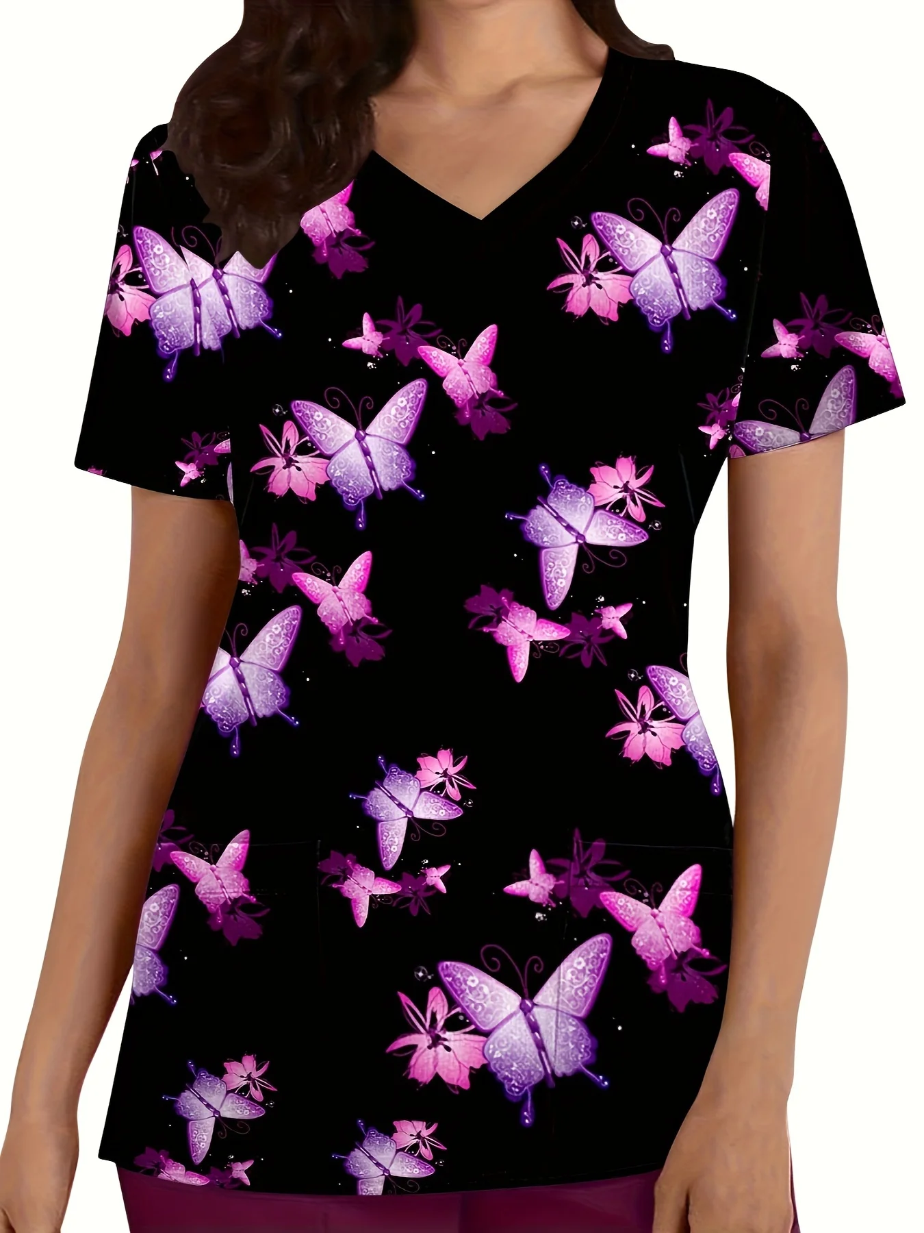 Fashion butterfly Nurse Uniform Short-Sleeve Shirt Commuting Work V-Neck Top Short Sleeves Women Clothing Pocket Women's T-Shirt