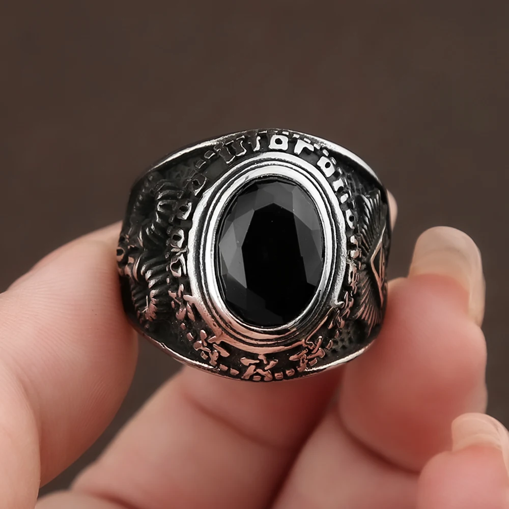 Gothic Vintage Big Black Stone Rings For Men And Women 316L Stainless Steel All Seeing Eyes Ring Baphomet Pagan Jewelry Gifts