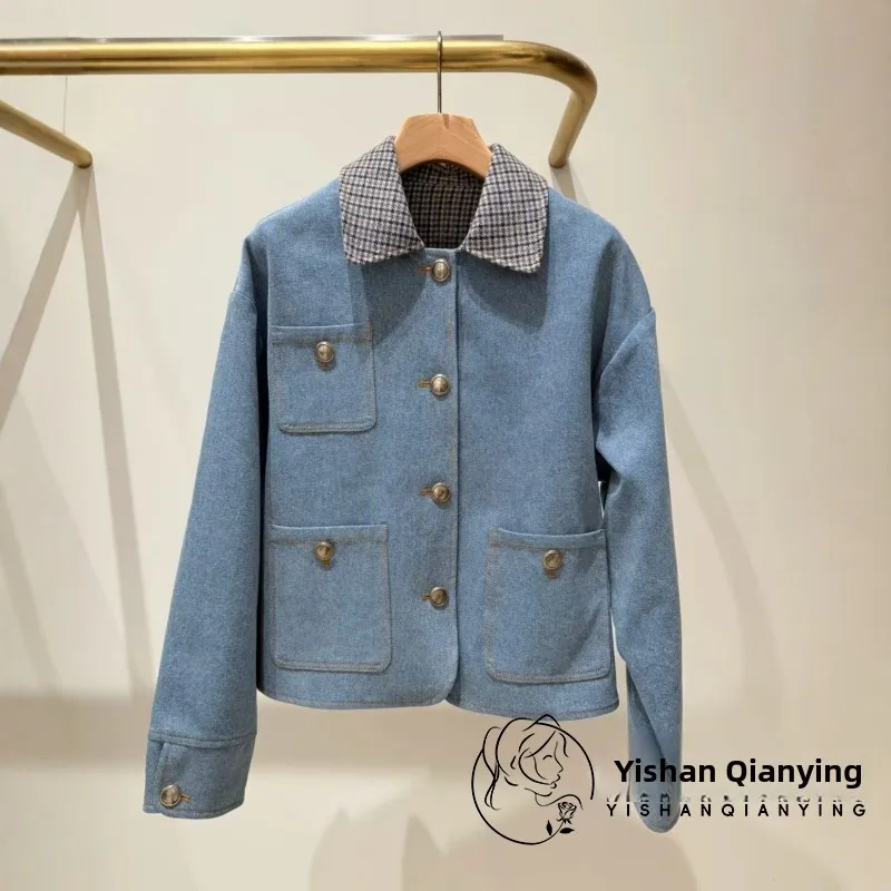 

Retro Contrast Color Plaid Collar Multi-ket Denim Jaet Women's Loose Fit Long Sve Button up Autumn Winter