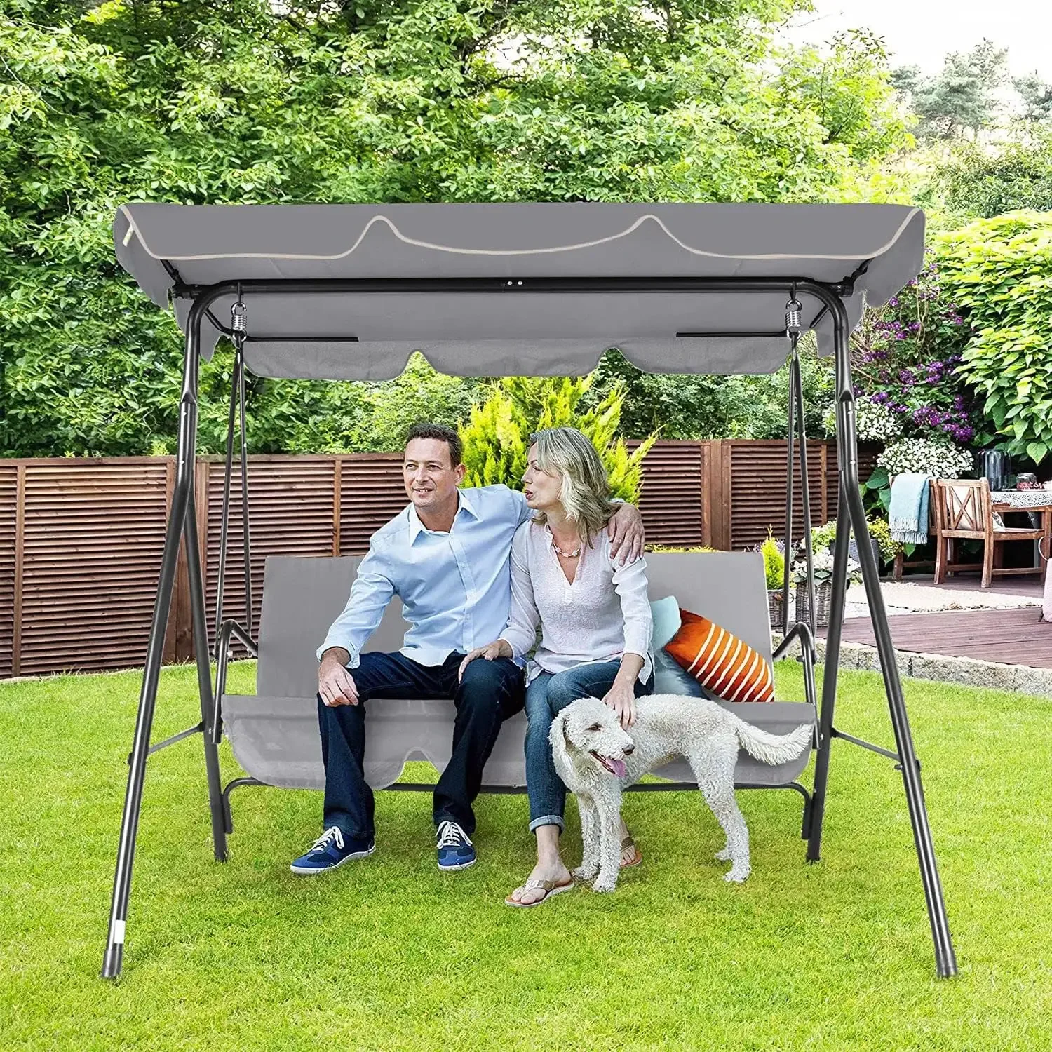 

3-Seat Patio Swing Chair, Outdoor Porch Swing with Adjustable Canopy and Durable Steel Frame for Patio, Garden, Poolside(Grey)