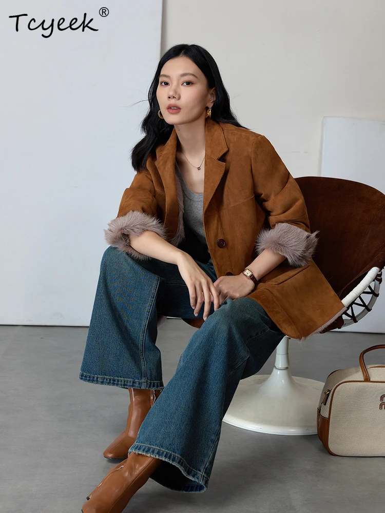 Tcyeek Prawdziwa Wełna Jesienno-Zimowa Elegancka Modna Kolor Milard Średniej Długości Damska Wełniana Peleryna z Wełny Jagnięcej Futro Fourrures Femme