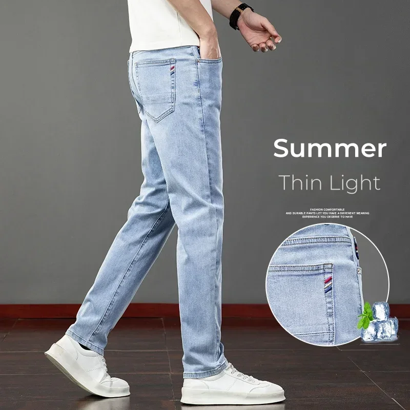 

2025 Summer Thin Classic Style Men's Slim Fit Jeans Blue Gray Stretch Straight Light Business Casual Denim Long Pants Male