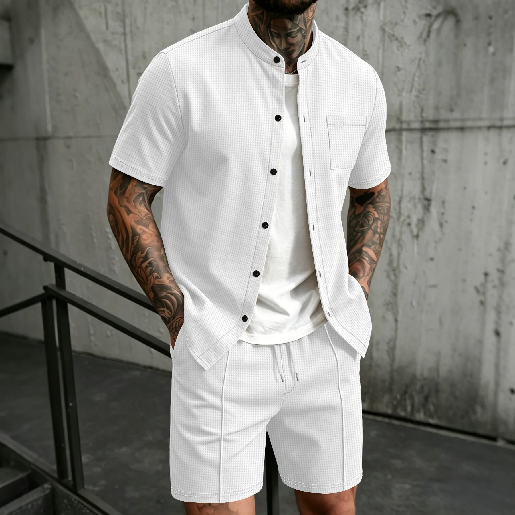 Men's new summer style waffle plain-color crew-neck t-shirt with pocket short-sleeved set with beach shorts men's casual suit
