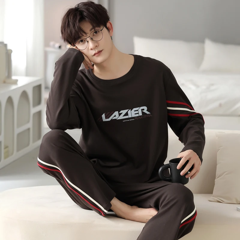 Spring and Autumn Cotton Long-sleeved Pajama Set O Neck Men's Loungewear Korean version can be worn outside pyjama homme coton