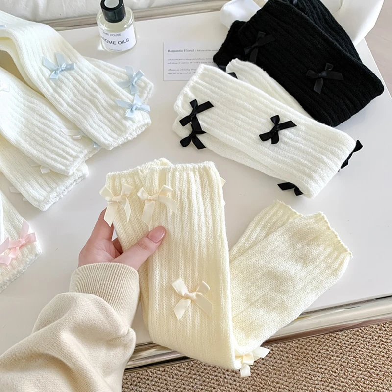 Y2k Bow Knitted Legging Women Girls Punk Lolita Leg Warmer Cover Autumn Winter Lovely Black White Boot Cuffs Korean Long Socks