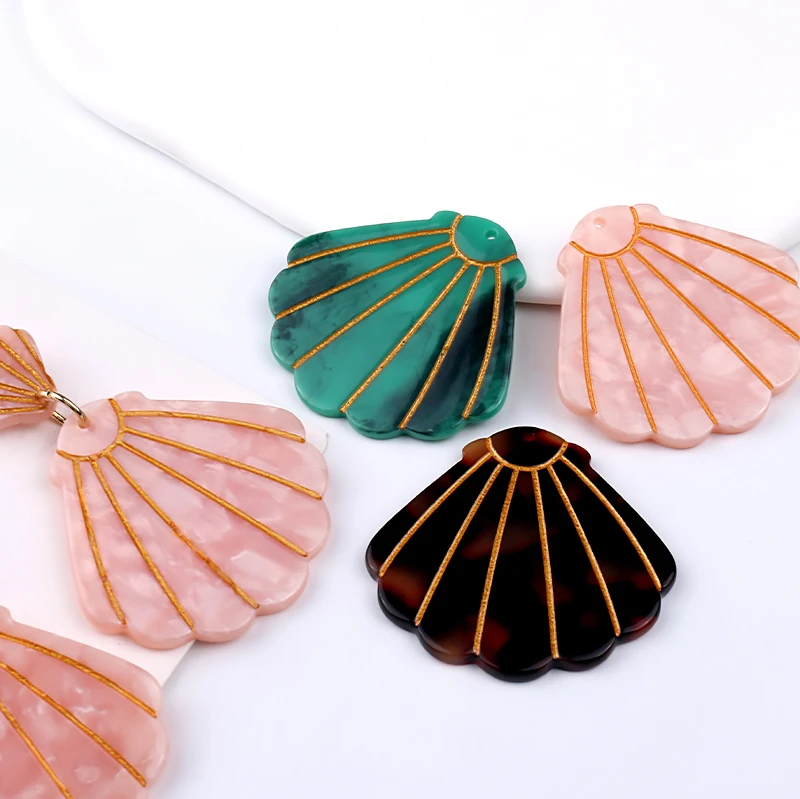 6pcs 39x39mm Green Pink Seashell Shape Charms Pendant for Earring Necklace Keychain Headwear Resin DIY Jewelry Making Supplies - Image 2