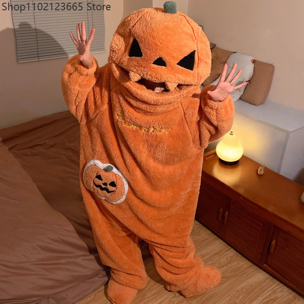 Halloween-Kürbis-Onesie-Pyjama für Erwachsene, Kigurumi, lustiger Plüsch, warm, bequem, Homewear, Jumpsuit, Loungewear, Karnevalsparty, Cosplay