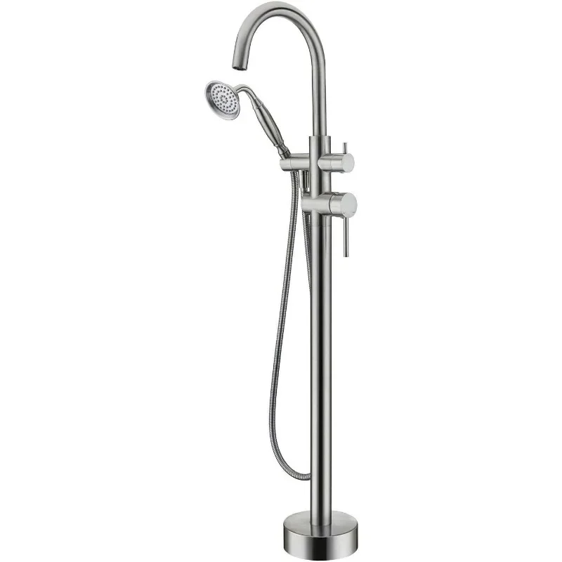 Wowkk Tub Filler Freestanding Bathtub Faucet Brushed Nickel Floor Mounted Brass Bathroom Tub Faucets with Hand Shower