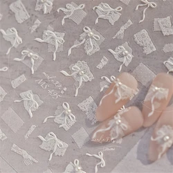 1pcs 5D Diamond Japanese White Lace Bow Nail Art Stickers Pearl Rhinestones Nail Decoration Adhesive Decals Slider DIY Accessory