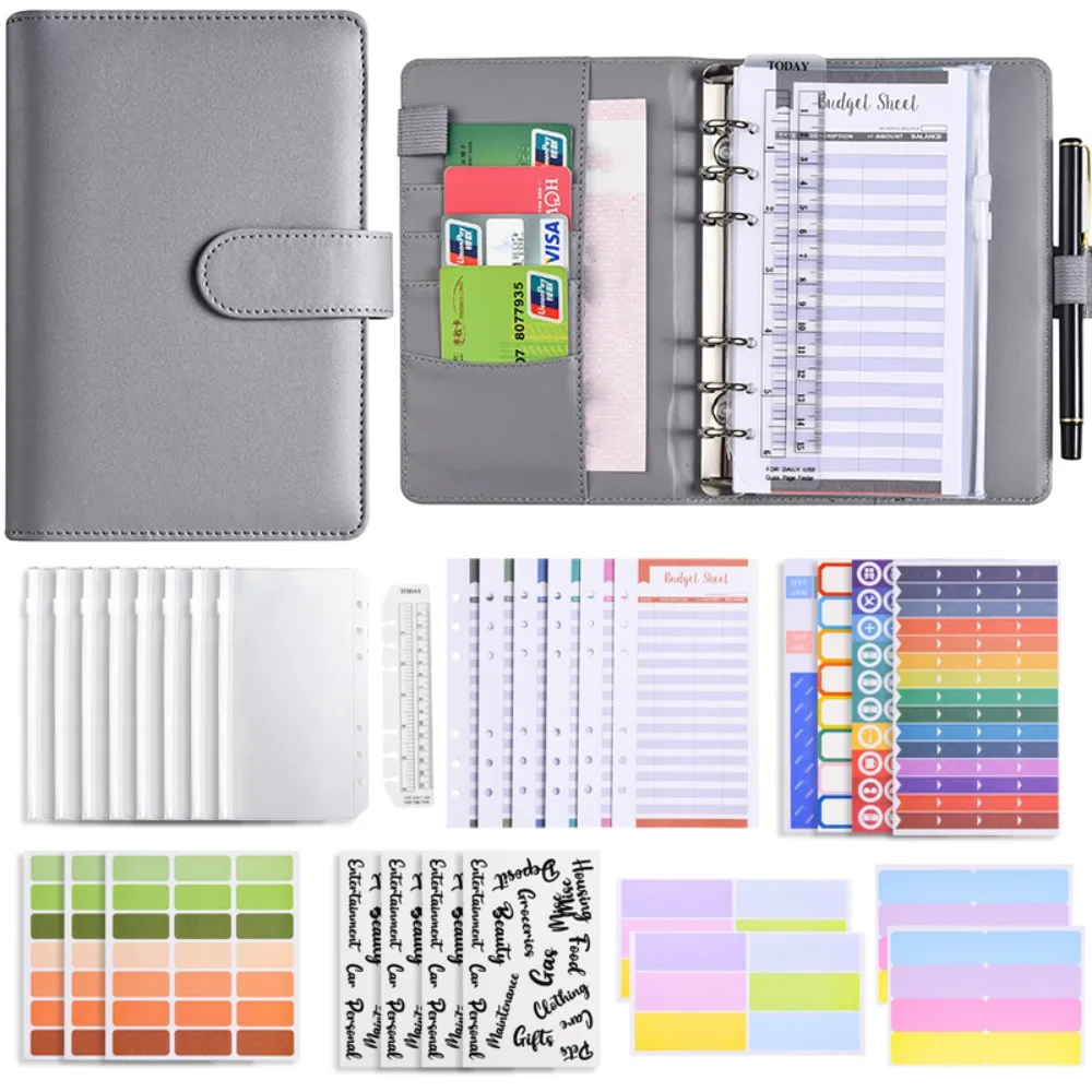 A6 Cash Budget Ledger Magnetic button Ruler Loose-leaf Notebook Time Organizer Daily Plan PU Leather Folder Student