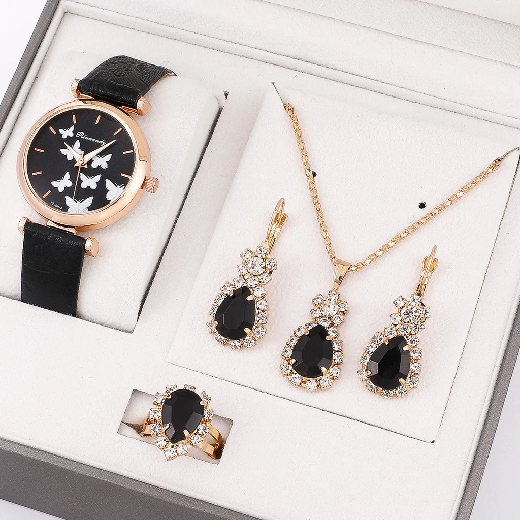 Women\'s Watch Luxury Fine Ladies WristWatch Present Set Necklace Female\'s Ring Earring Gift