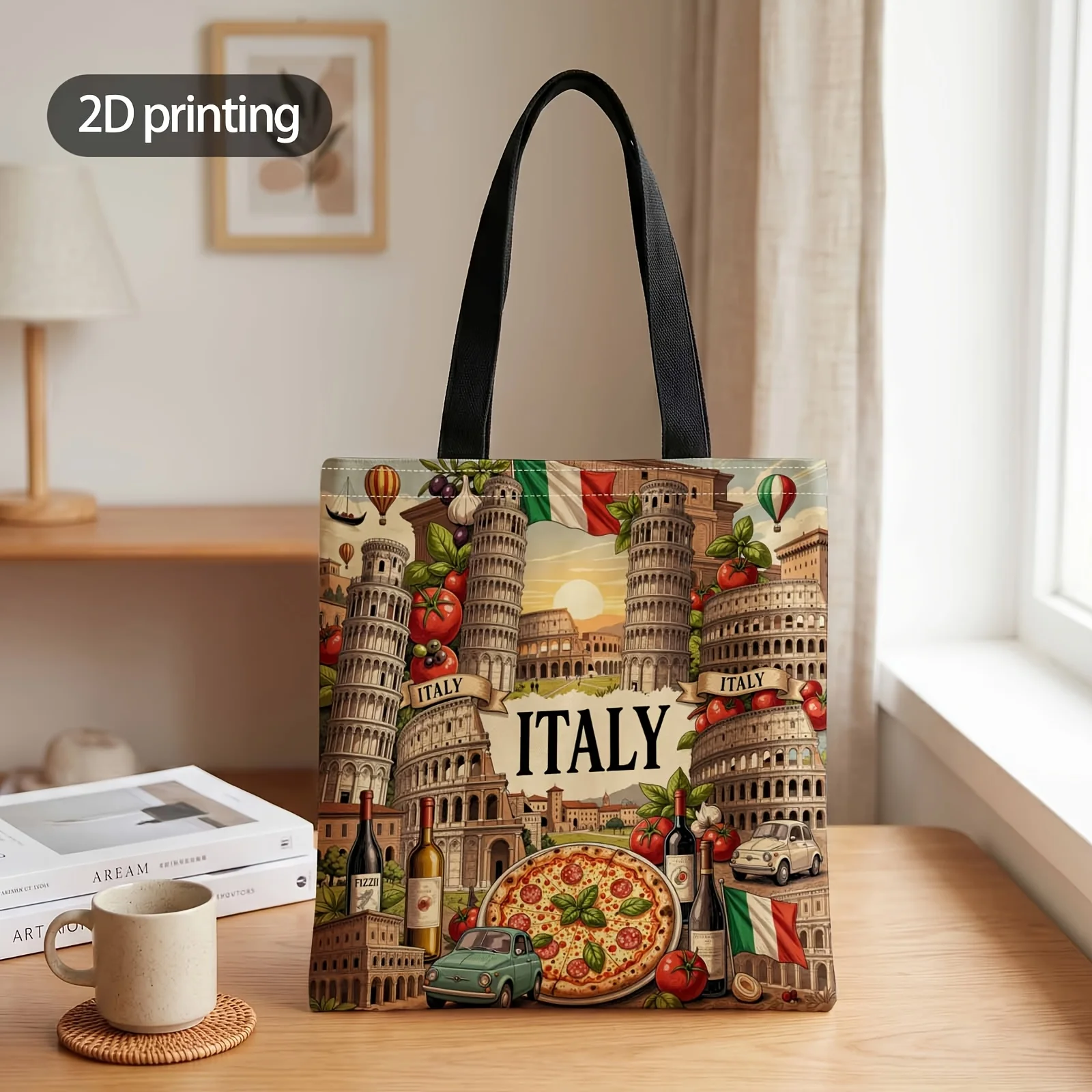 2D Printed Handbag with Italy'S Charm in Every Bite Pattern, Reusable Fashion Shoulder Bag Shopping Tote Bag Suitable for Shoppi