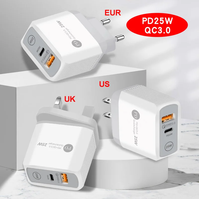 PD 25W 5V/5A 9V/2.8A 12V/2.1A EU/US/UK Plug LED Light 2 Ports USB Adapter Wall Charger   Fast Quick Charge QC 3.0 Mobile Phone