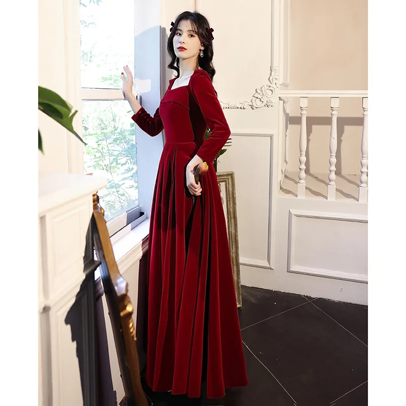 Burgundy Velour Sexy Square Collar Long Sleeve Back Zipper Evening Dress Bride Wedding Tulle Formal Prom Gowns Vestidos Size 8XL