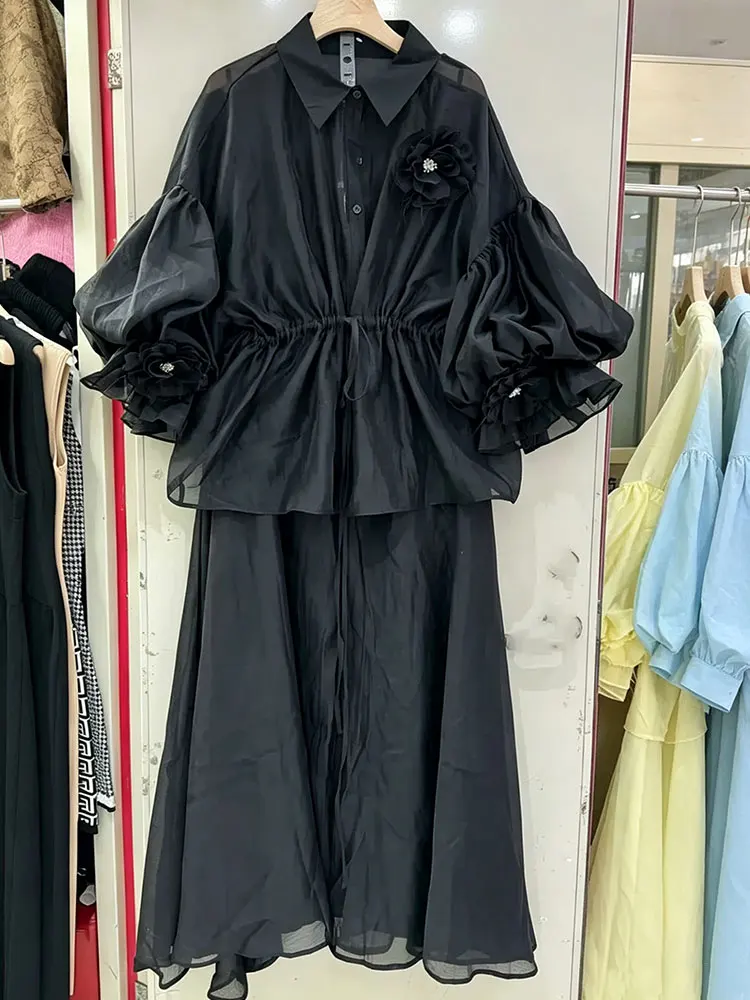 French retro style solid color three-dimensional flowers two-piece shirt dress 2026 new classic lapel lantern sleeve sling dress