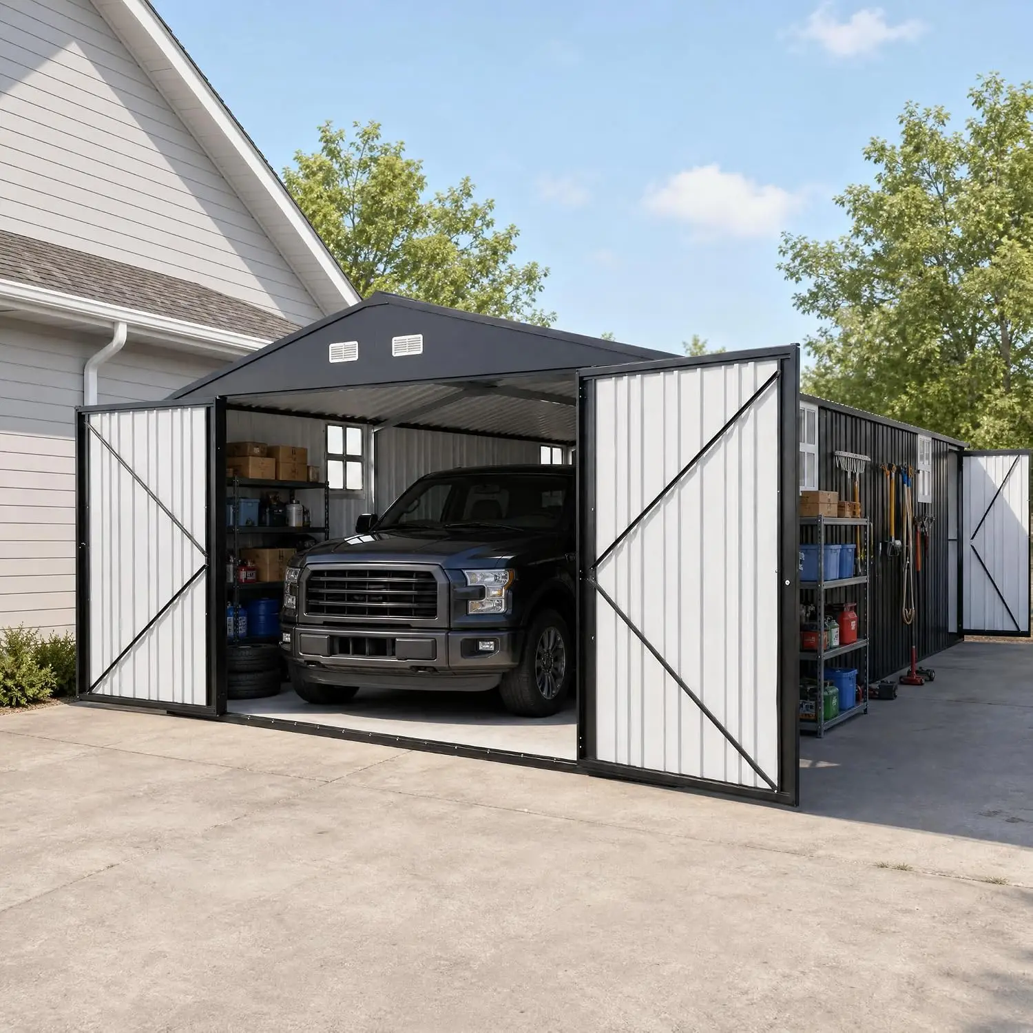 10x20 FT Metal Shed Outdoor Storage with Double Doors & 4 Windows Heavy Duty Carport for Car Boat Truck, Customized