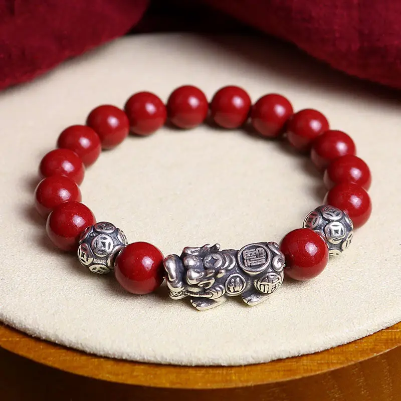 

Genuine Mineral Cinnabar Pi Yao Guardian Bracelet Purple Vein Stone Unisex Talisman with 999 Sterling Silver Wealth Energy Charm