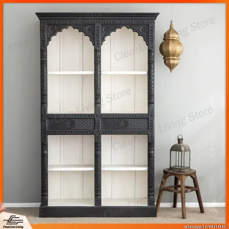 Handcrafted Shabby Chic Mango Wood Bookshelf with Drawers Solid Wood Carved Bookcase for Home Office Living Room Bedroom