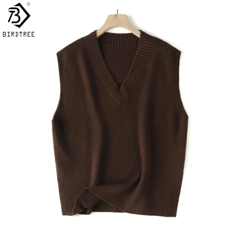 Birdtree, 81.1% Sheep Wool Solid Sweater, Sleeveless Autumn Basics Vest, V-neck, Women's Commuting Knitted 2026 Tops T6O612JF