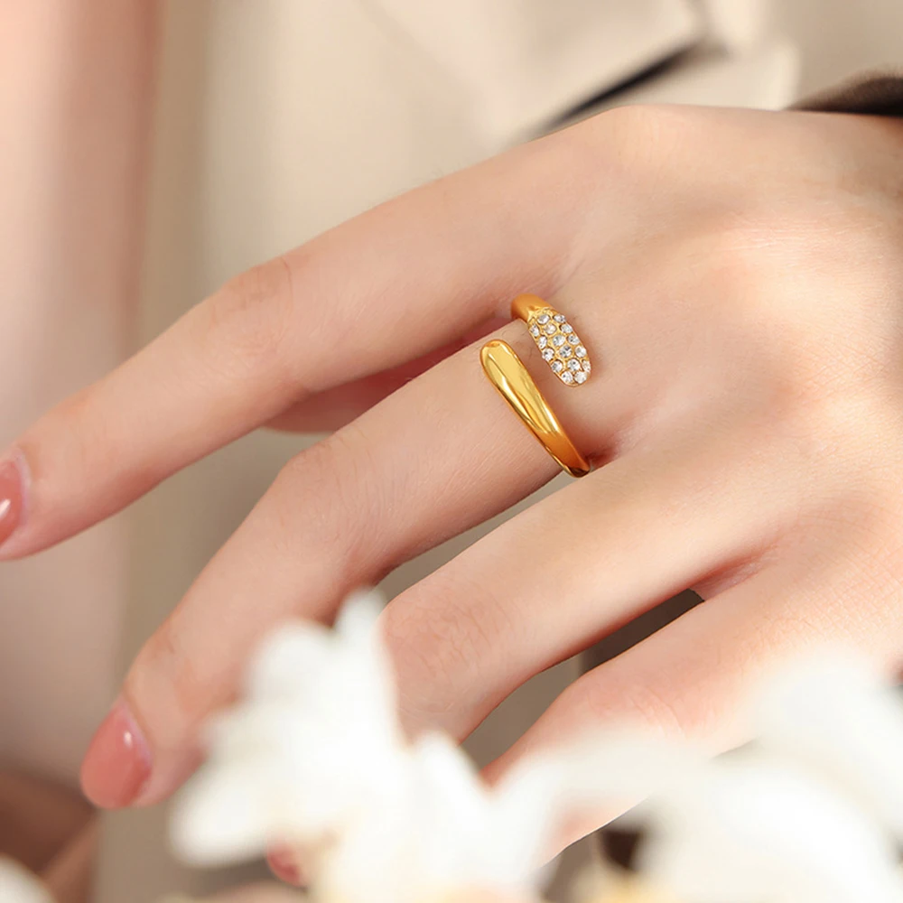 Minimalist Metal Beads Ring Stainless Steel PVD 14K Gold Plated Colorful Stone Paved Bypass Open Ring Chic Fashion Jewelry Gift