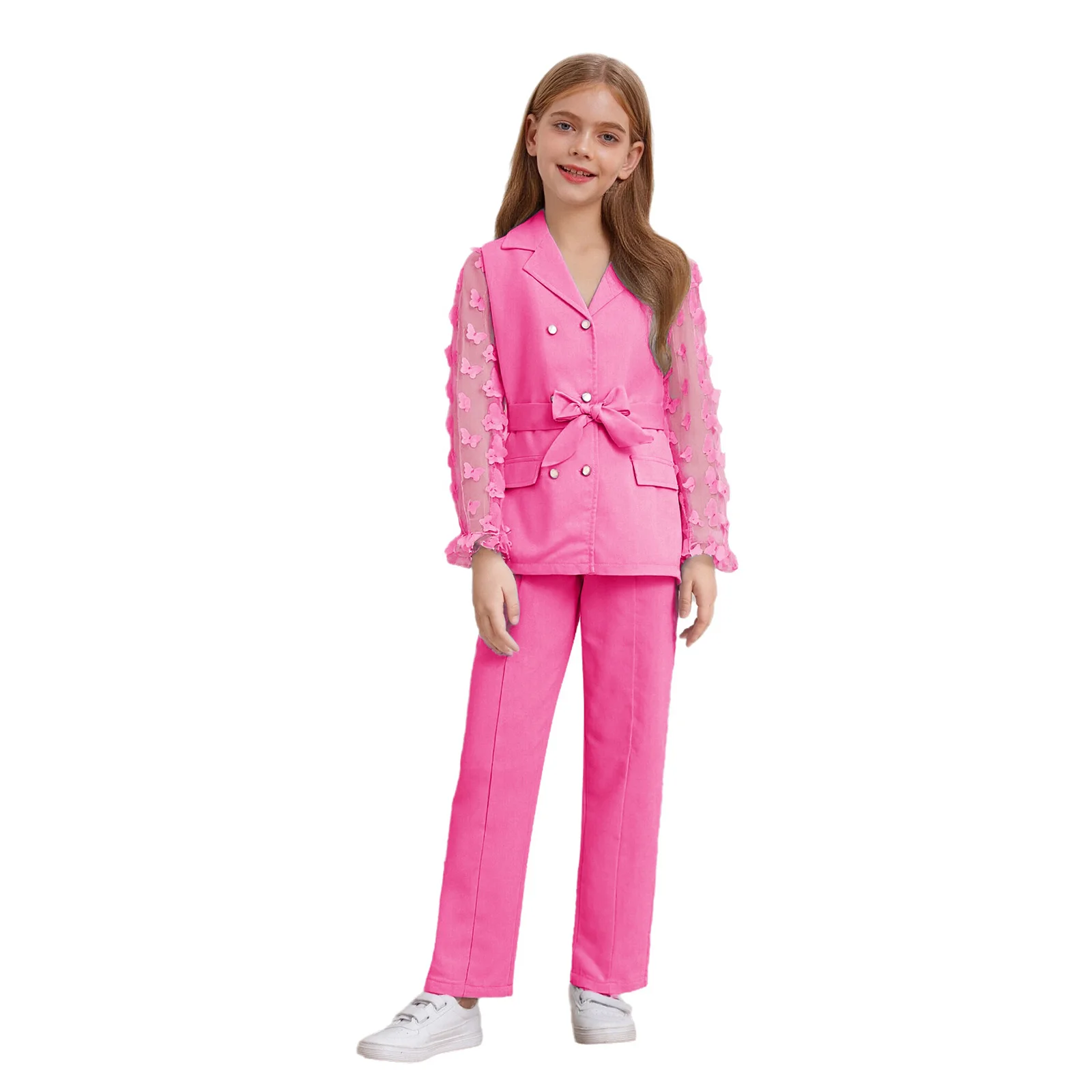 

Kids Girls Suit 2-Piece Outfit Lapel Collar Butterfly Long Sleeves Blazer Jacket with Belt and Pants for Wedding Party Pageant