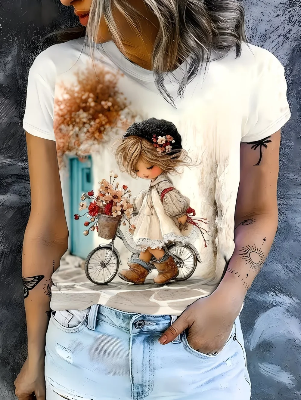 2026 Women's T‑shirt Vintage Cute Doll Bicycle Flower Basket Art Print Short Sleeve O-Neck Summer Casual Daily Top Women Clothes