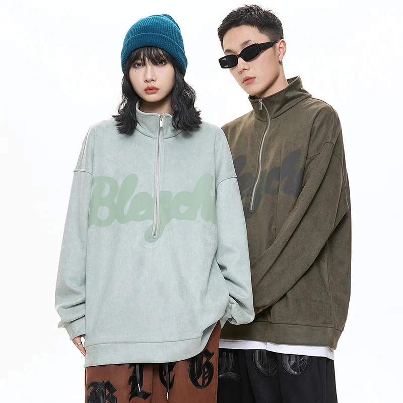 

Y2k Autumn Harajuku High Street Letters Half Zip Hoodie Ins Stand Collar Pullover Fashion Brand Suede Casual Tops For Men Women