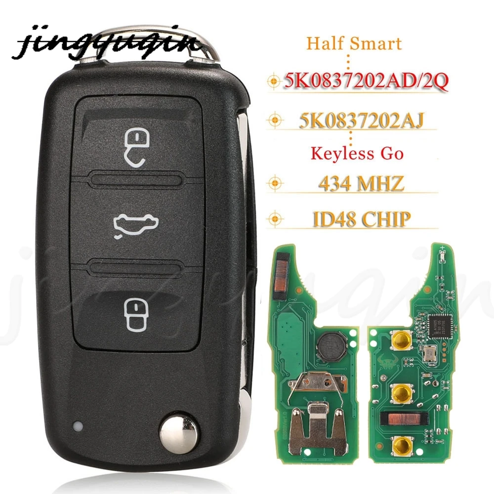 jingyuqin Keyless Go Remote Key 434Mhz ID48 Dla VW Caddy Eos Golf Jetta Beetle Polo Tiguan Touran 5K 0837202 AD /202Q 5K 0837202 AJ