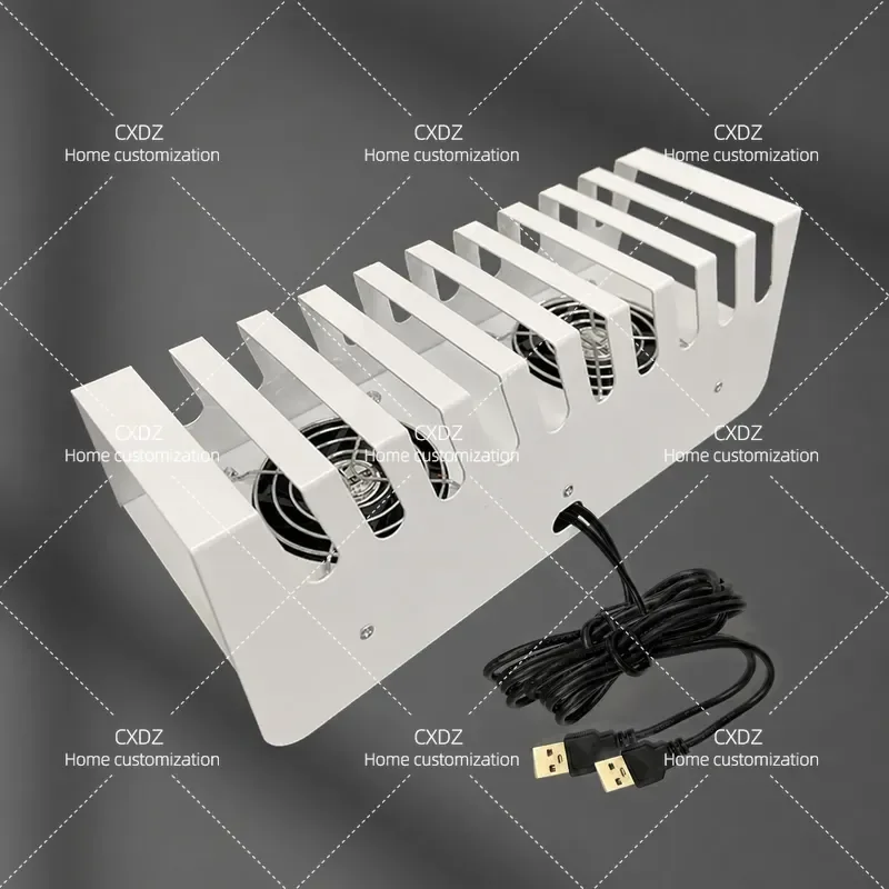 Metal Desktop Phone Charging Stand with Cooling Fan and Storage Shelf