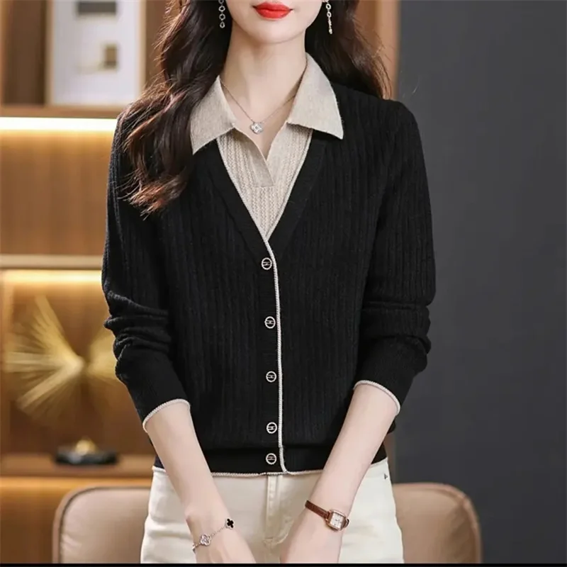 Autumn Winter Female Fake Two Pieces Sweater 2024 Lady Lapel Collar Loose Fitting Pullover Knitting Women Long Sleeved Knitwear