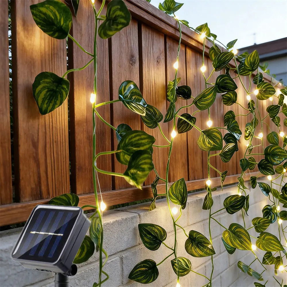 5M 50LEDs Artificial Green Leaf String Lights Solar Fairy Light Wedding Party Christmas Home Room Wall Decoration Plant Wreath