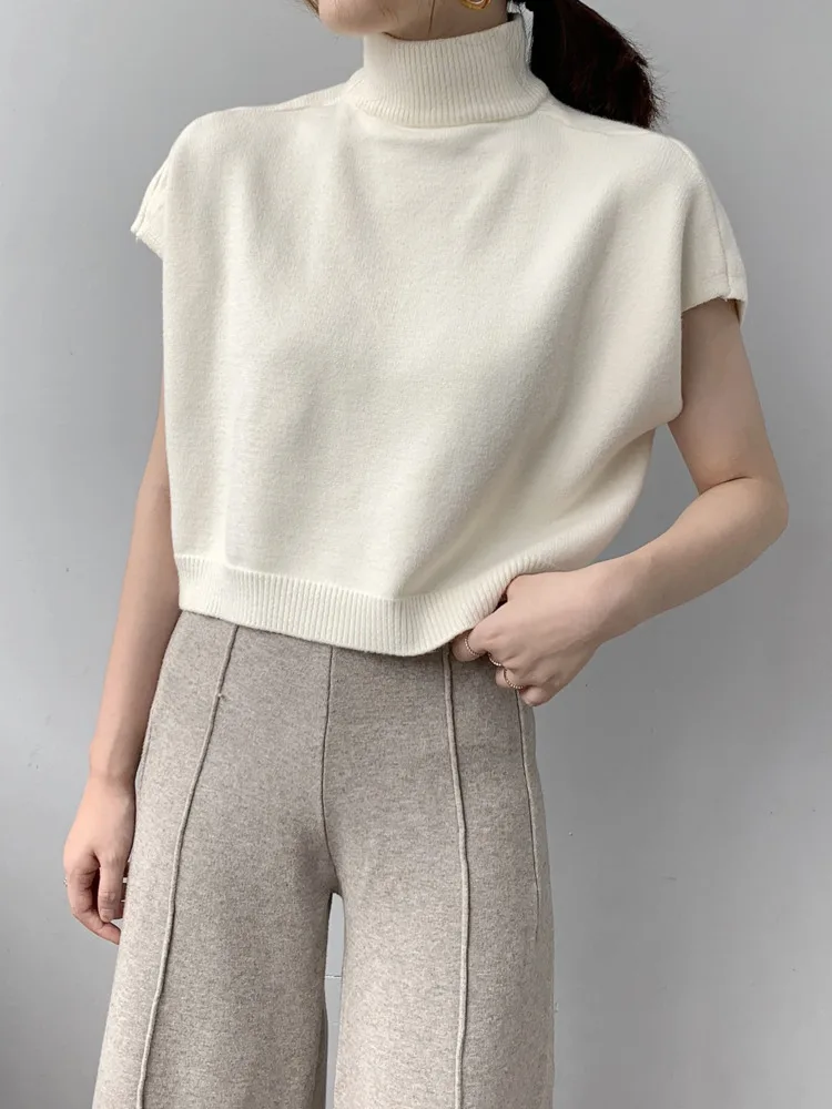 WHTREND 여성용 하이 칼라 니트 스웨터 반팔 배트윙 스타일 루즈 캐주얼 풀오버 가을 겨울 신상품 WH1258