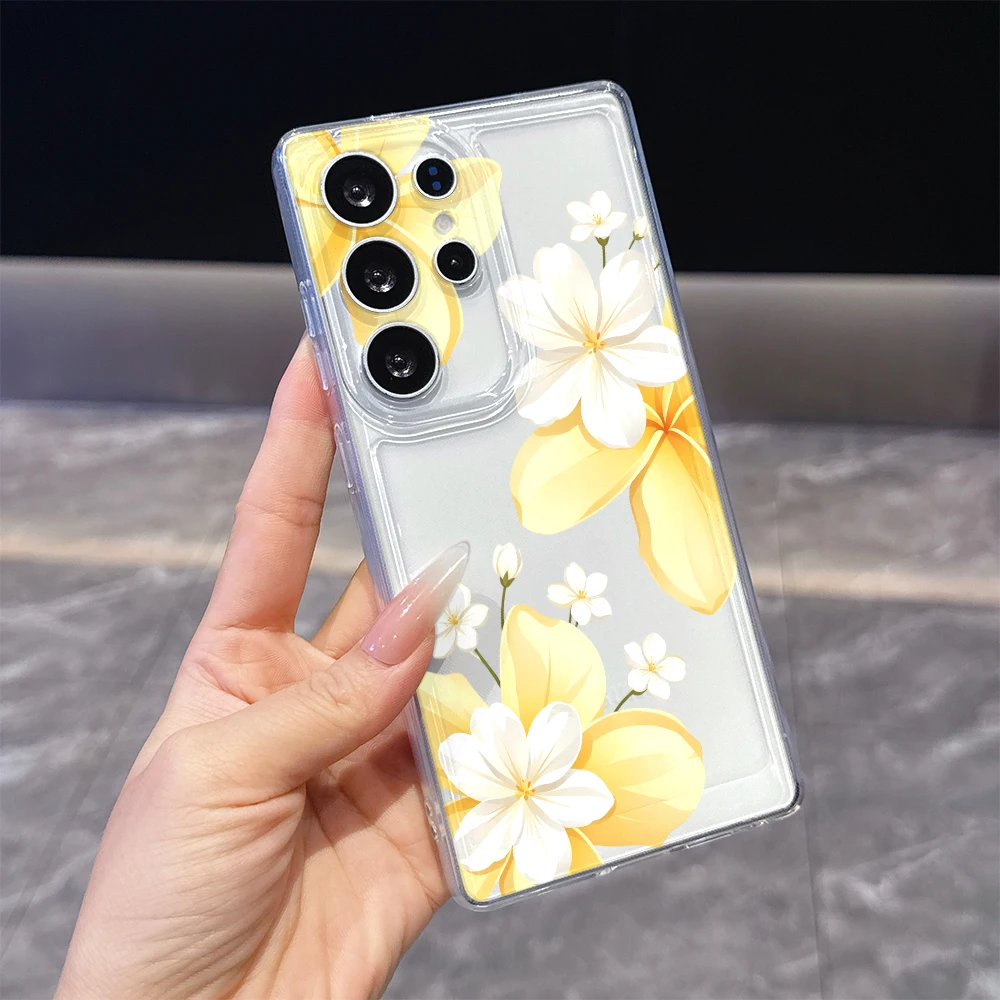 Yellow White Plumeria Flowers Shockproof Clear Soft Case For Samsung Galaxy S26 S25 S24 Ultra FE A15 A16 A25 A35 A54 A55 A57