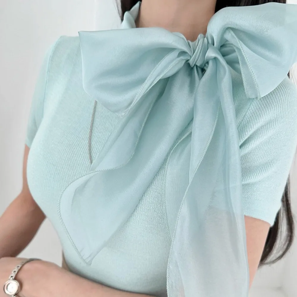 

Новый вязаный женский вязаный топ с бантом, модный женский вязаный свитер с короткими рукавами