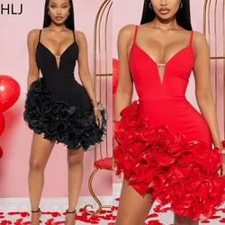 HLJ Fashion Flower Ruffle Splicing Bodycon Mini Spaghetti Strap Dress Women V Neck Sleeveless Backless Party Club Puffy Vestidos