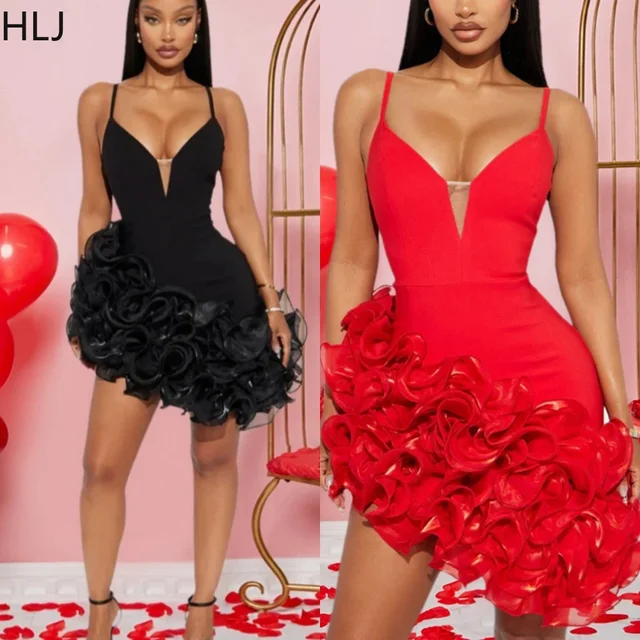 HLJ Fashion Flower Ruffle Splicing Bodycon Mini Spaghetti Strap Dress Women V Neck Sleeveless Backless Party Club Puffy Vestidos