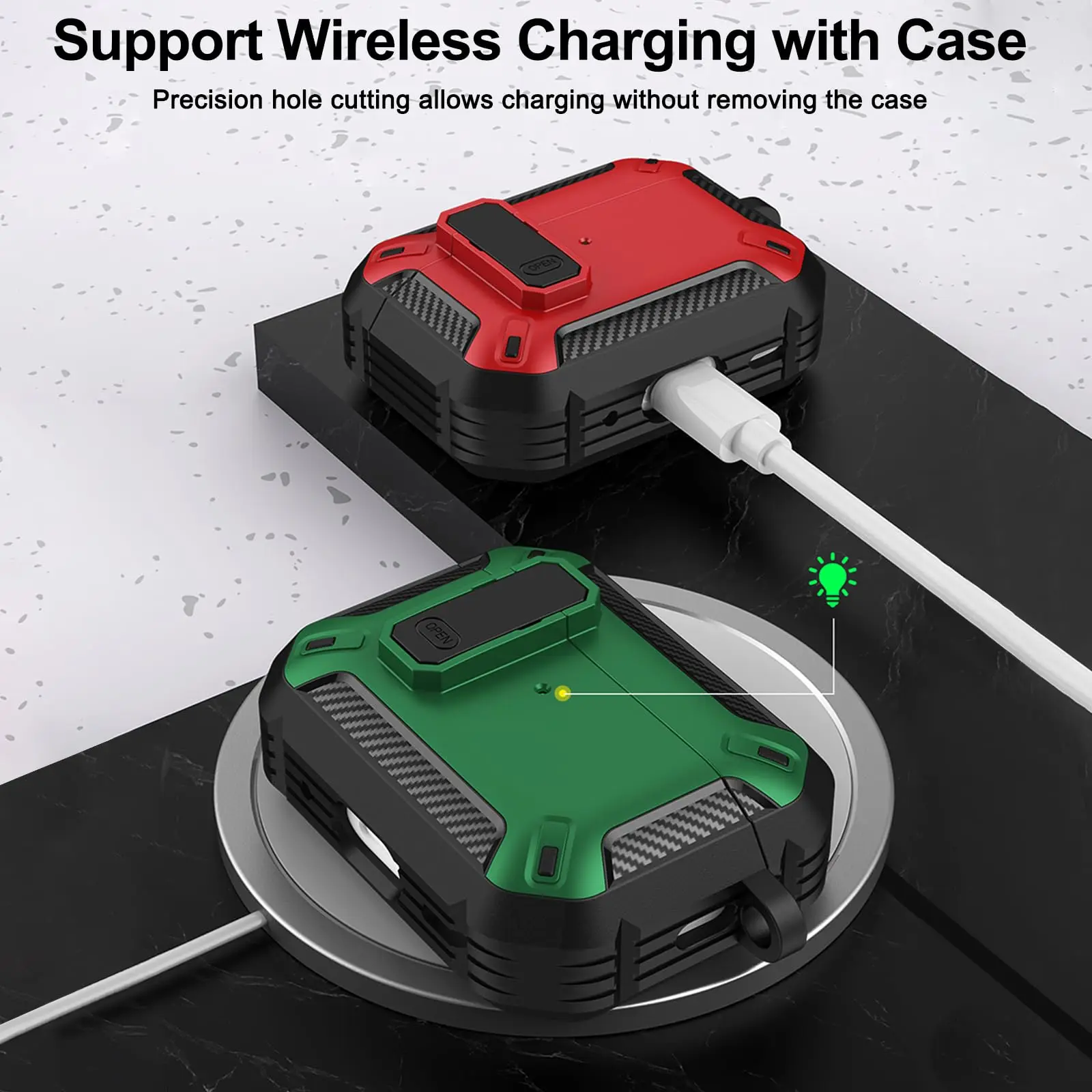 에어팟 프로 3용 카본 파이버 보호 하드 아머 케이스 커버, 클리닝 키트 포함 안전 잠금 케이스 액세서리