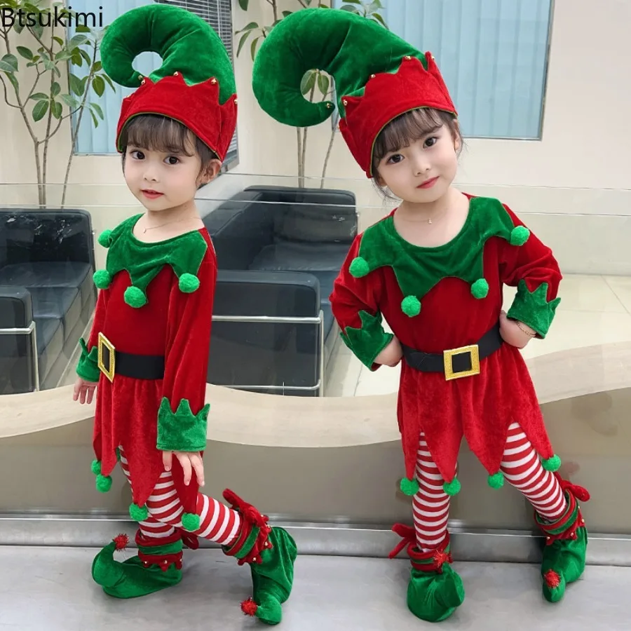 

2025 Christmas Santa Claus Costume Set Family Green Elf Cosplay Outfits Carnival Party New Year Performance Christmas Dress Gift
