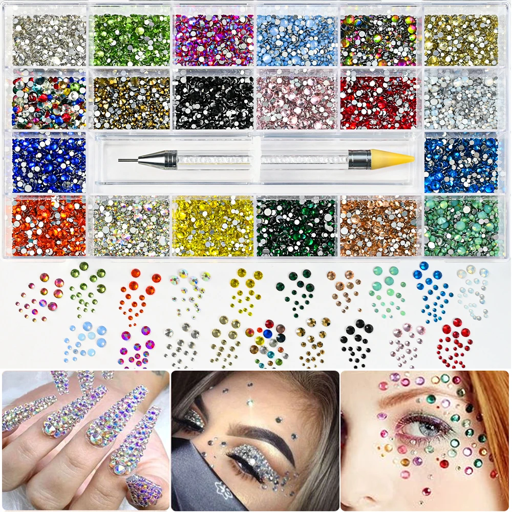 

14400pcs Non-Hotfix Round Flatback Nail Glass Rhinestones 20 Color SS6 SS10 SS16 Crystal Gems Stones For Nail DIY Crafts Charms