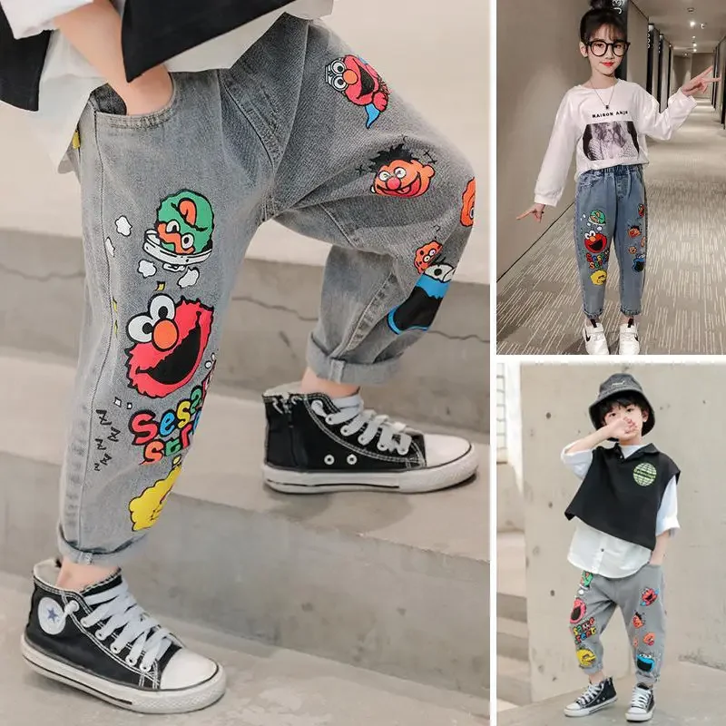 Boys\' Jeans Spring and Autumn New Funny Head Medium and Big Children\'s Casual Children\'s Clothing Spring Loose Long Pants